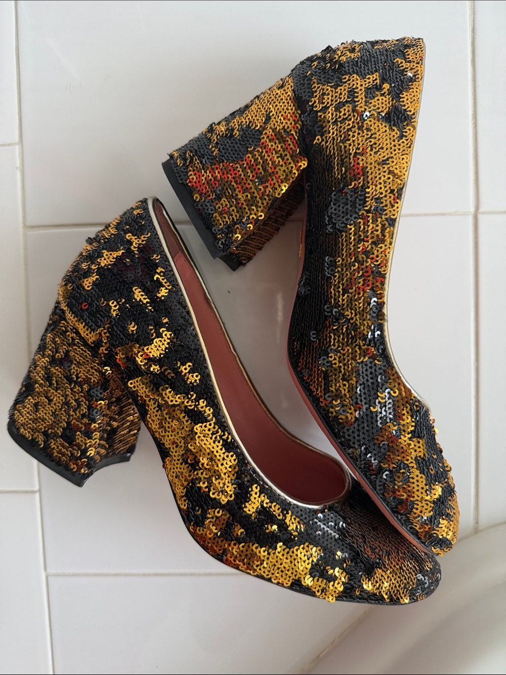 JF London Sequin Block Heel Pumps in Black & Gold